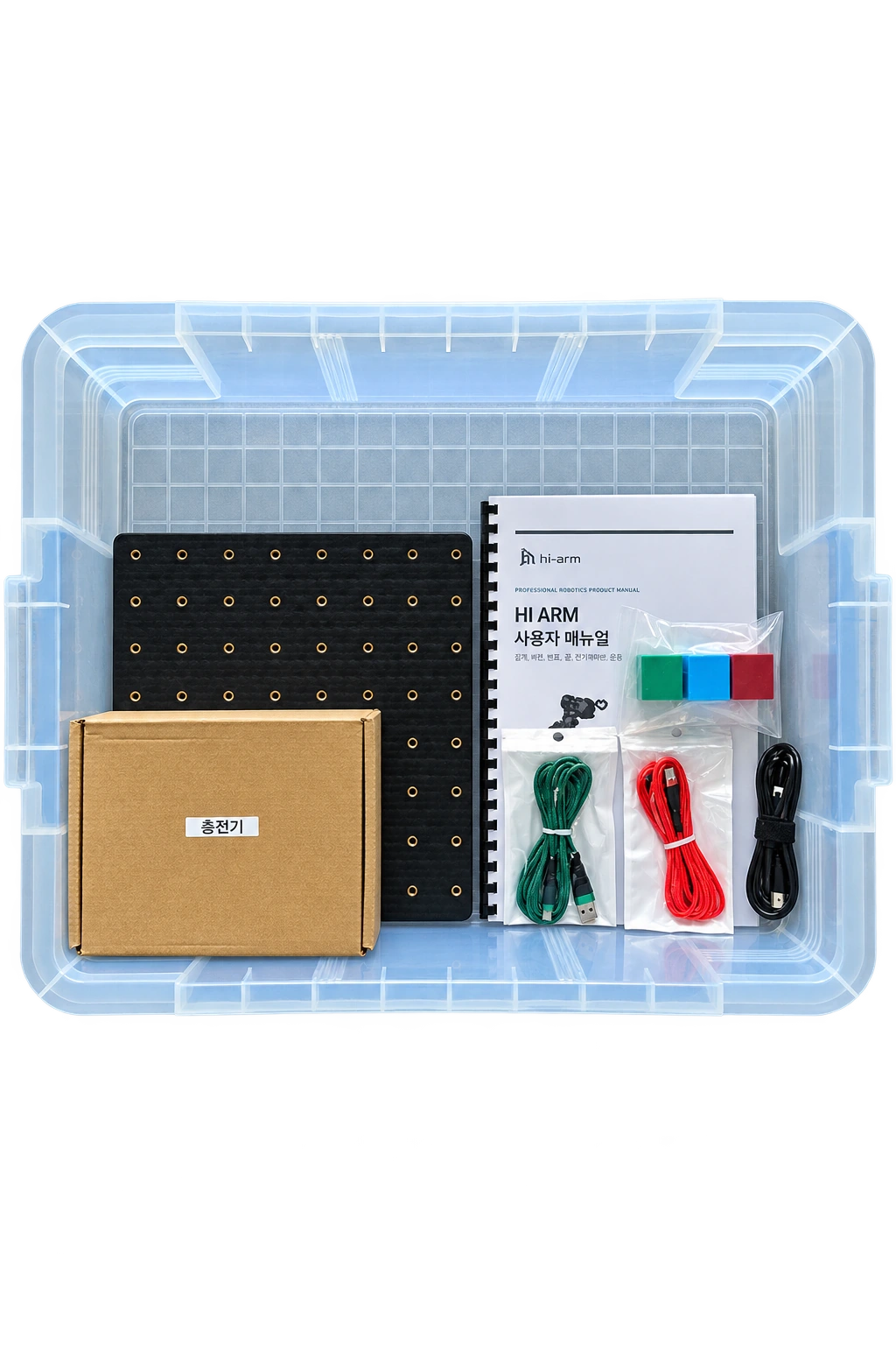 Accessory box with base boards, cables, colored cubes, and manual