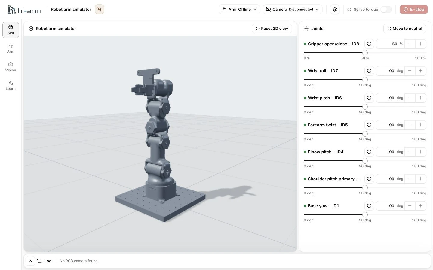 HIARM-TWIN-01 showing a 3D robot arm simulator beside joint controls